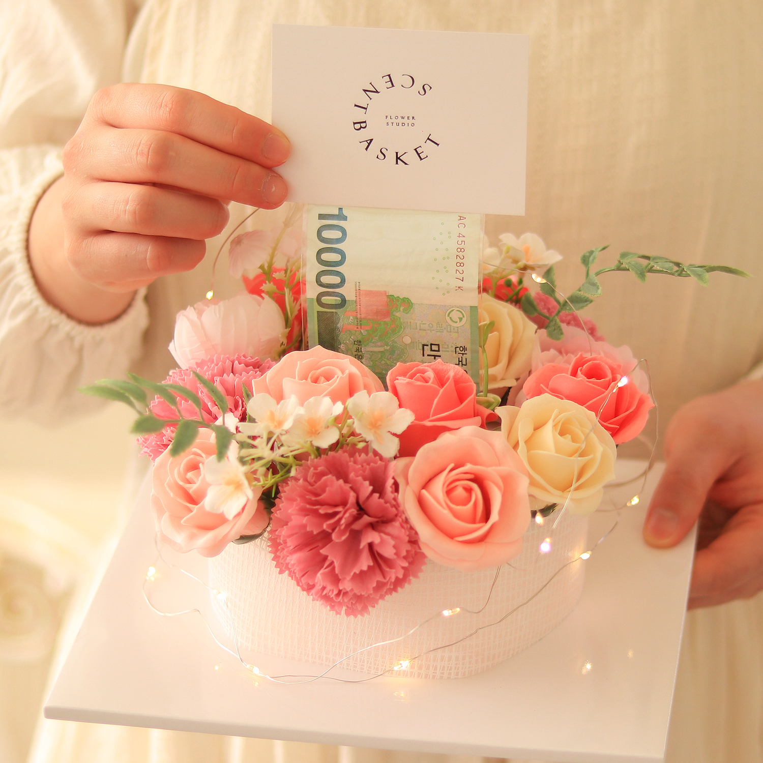 센트바스켓 비누꽃 가든플라워 반전 용돈케이크, 핑크, 1개 26,500원