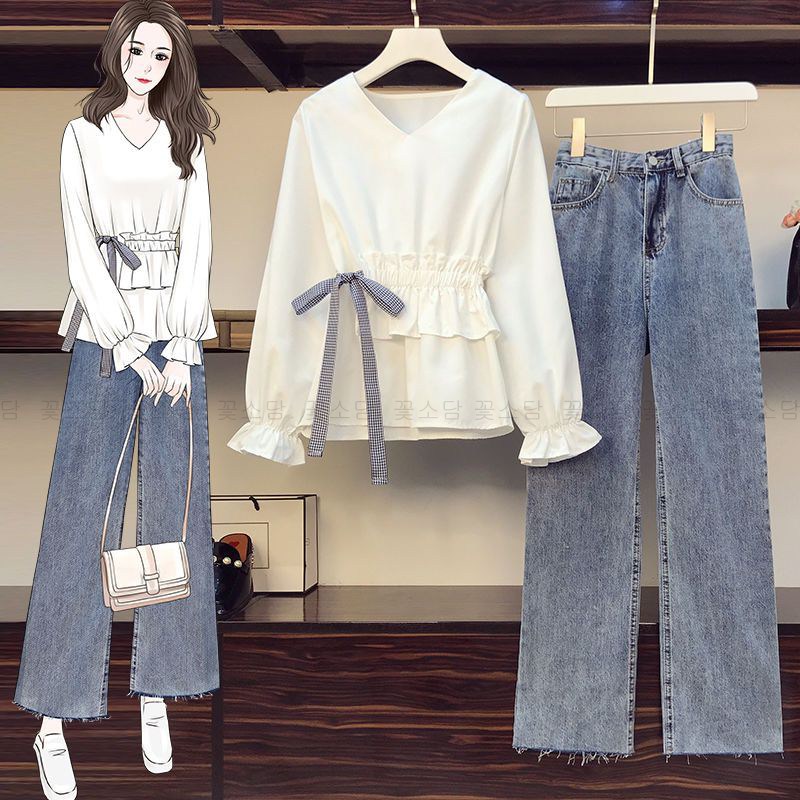 꽃소담 여성 빅사이즈 브이넥 상의 + 와이드 청바지 투피스  MAL173 24,930원