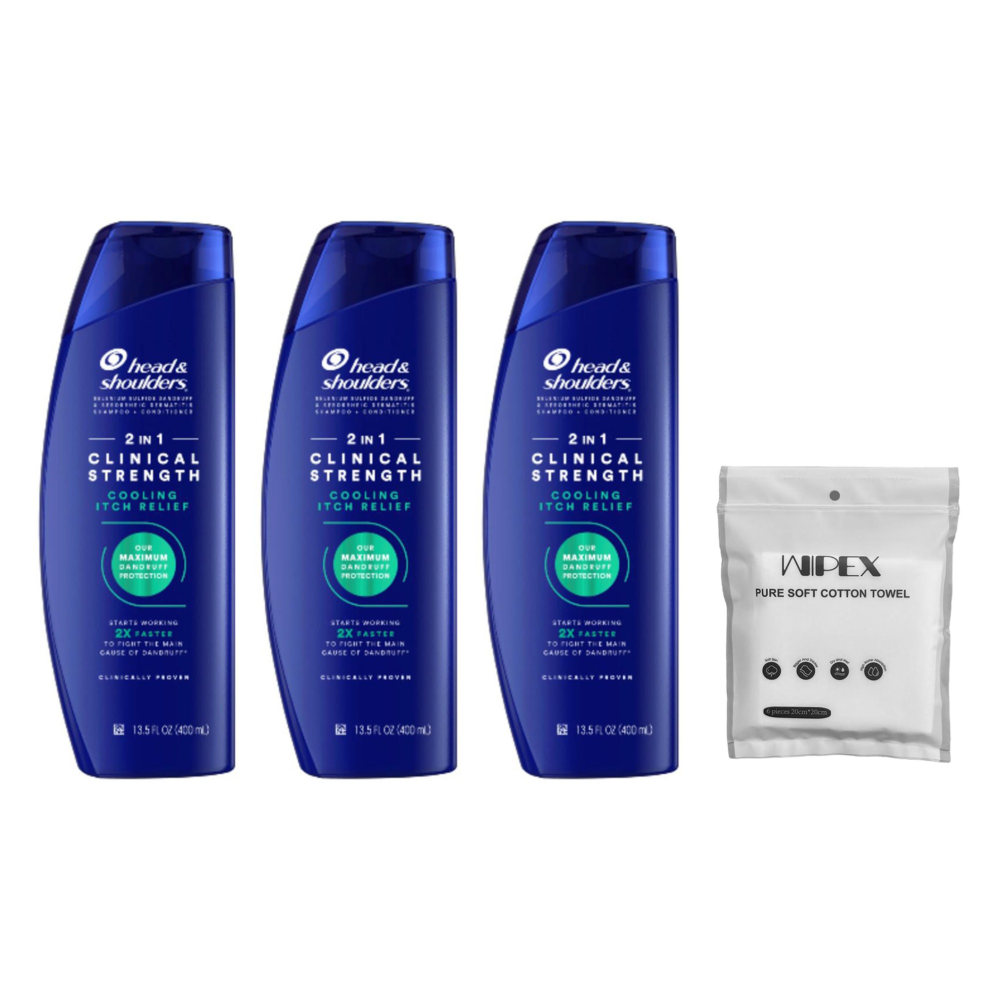 헤드앤숄더 2인1 클리니컬 스트렝스 쿨링 이치 릴리프 샴푸 400ml 3개 + wipex 퓨어 소프트 코튼 타월 6개입 50,380원