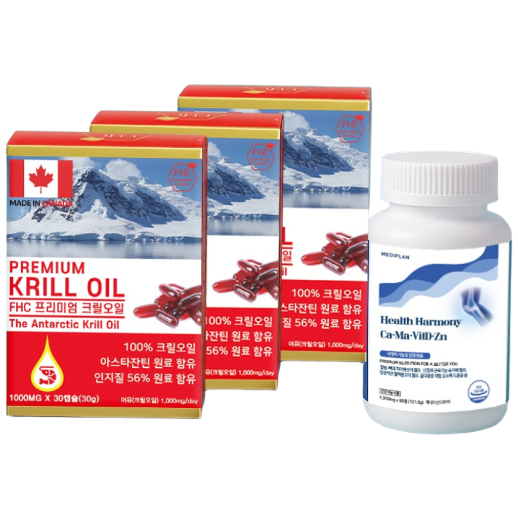 FHC 프리미엄 남극 크릴오일 1000mg 30캡슐 3박스 + 헬스하모니 칼슘 마그네슘 비타민D 1통 35,800원
