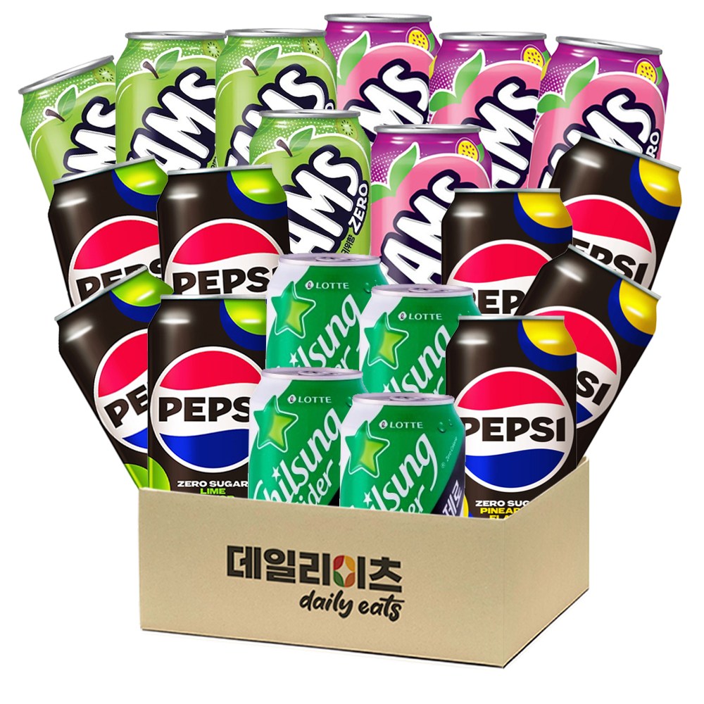 [데일리이츠] 제로칼로리 탄산 캔음료수 뚱캔 5종 4개씩 총 20개입 세트 (펩시제로라임4 펩시제로파인애플4 칠성사이다제로4 탐스제로사과키위4 탐스제로복숭아4) 21,900원