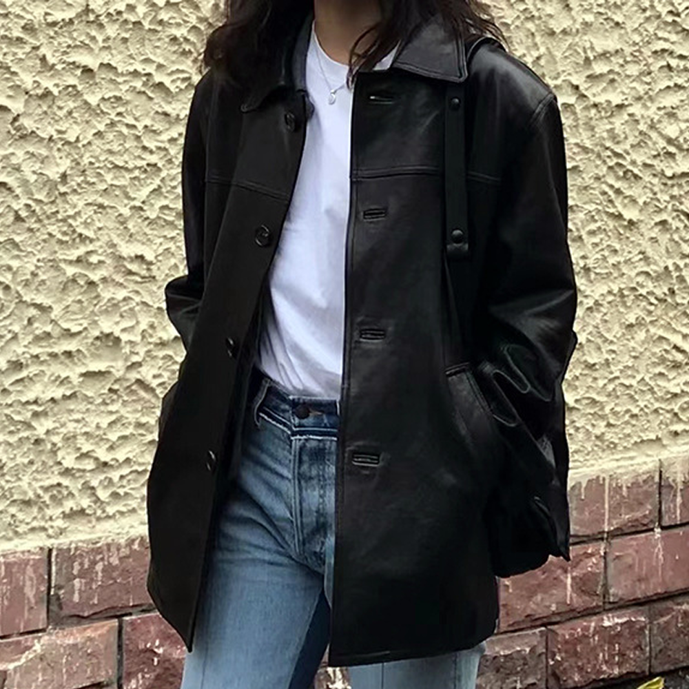 양가죽자켓 여성 블랙 카라 버튼 간절기 리얼가죽 오버핏 자켓 298,000원