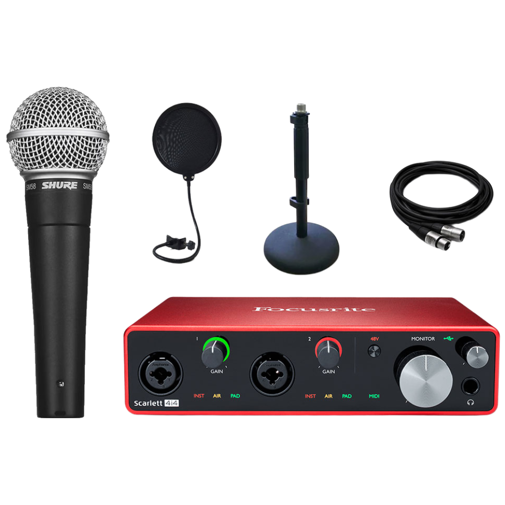 포커스라이트 스칼렛 4i4 슈어 SHURE SM58 K-LC 홈 레코딩 케이블 팝필터 일자형 스탠드 패키지 573,000원