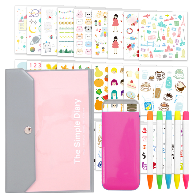 투영디자인 다꾸 스티커 28p + 포켓 형광펜 5종 + 똑딱 다이어리 핑크 세트 6,820원