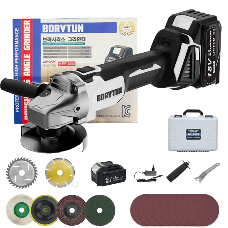 BORYTUN 독일기술 무선 그라인더 전동 충전식 브러시리스 마끼다 배터리 호환 핸드 프리미엄 앵글 절단 연마 광택 3가지 모드 조절, 1세트 99,340원