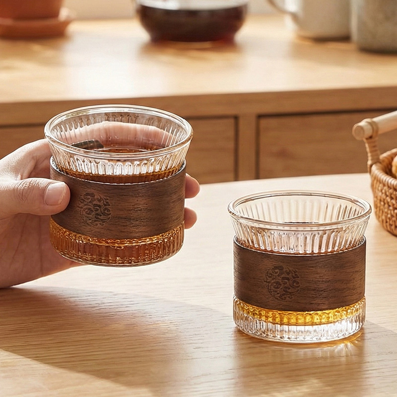 57도씨 호두나무 홀더 내열유리 플리츠 찻잔, 2개, 플리츠 유리컵 170ml 12,800원