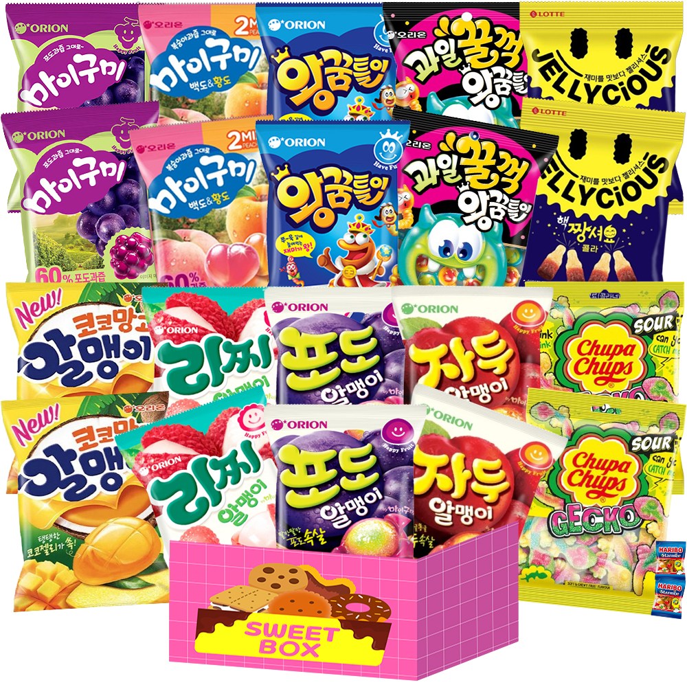 인기 젤리 간식 A세트 마이구미포도2 마이구미백도황도2 자두알맹이2 포도알맹이2 리찌알맹이2 코코망고알맹이2 왕꿈틀이2 과일꿀꺽왕꿈틀이2 핵짱셔요콜라2 츄파춥스사워게코2 하스2, 22개, 25g 29,900원