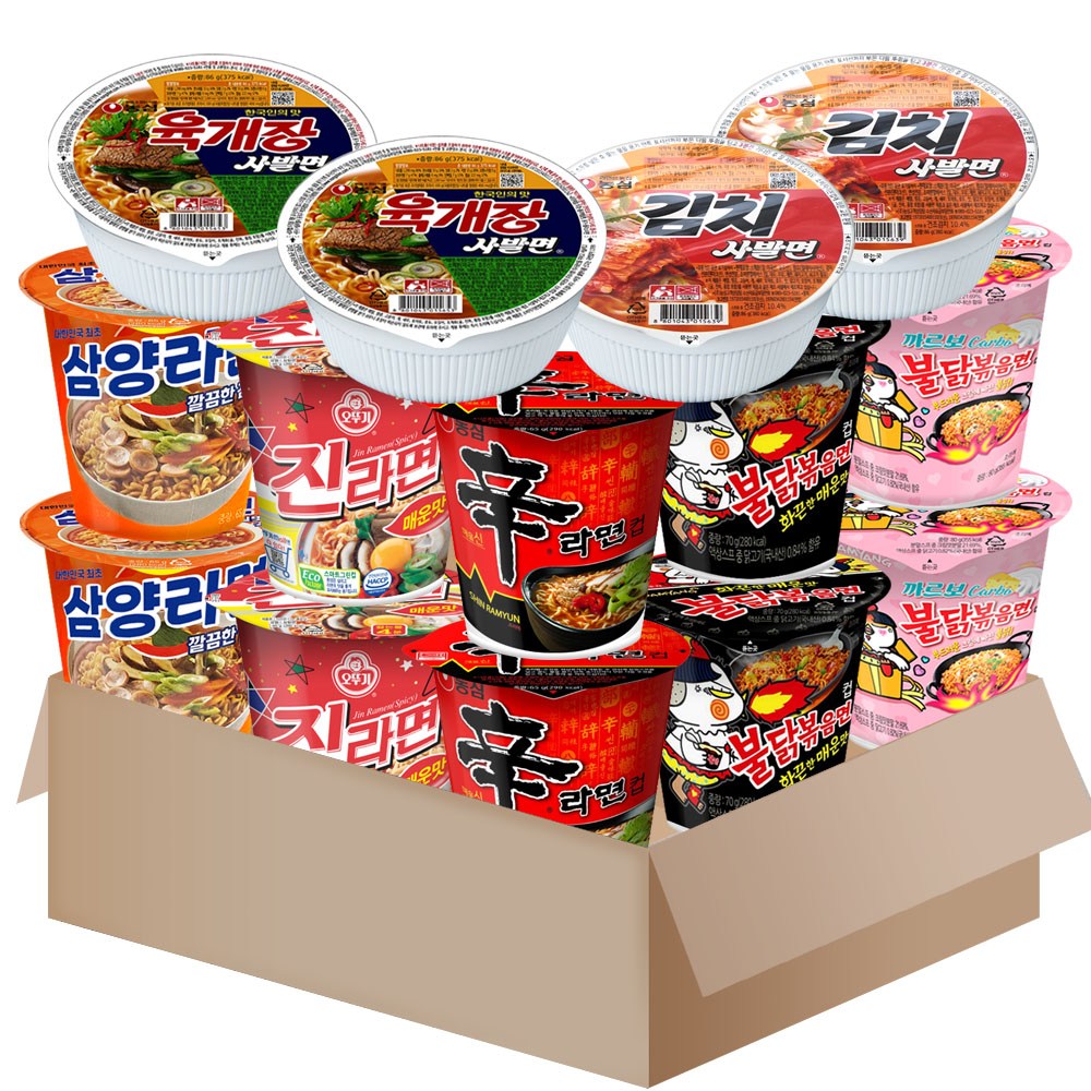 [메리박스] 소컵라면 세트13호 {신라면+진라면매운맛+삼양라면+불닭볶음+까르보불닭+육개장사발면+김치사발면} 각2개씩, 1박스 17,400원