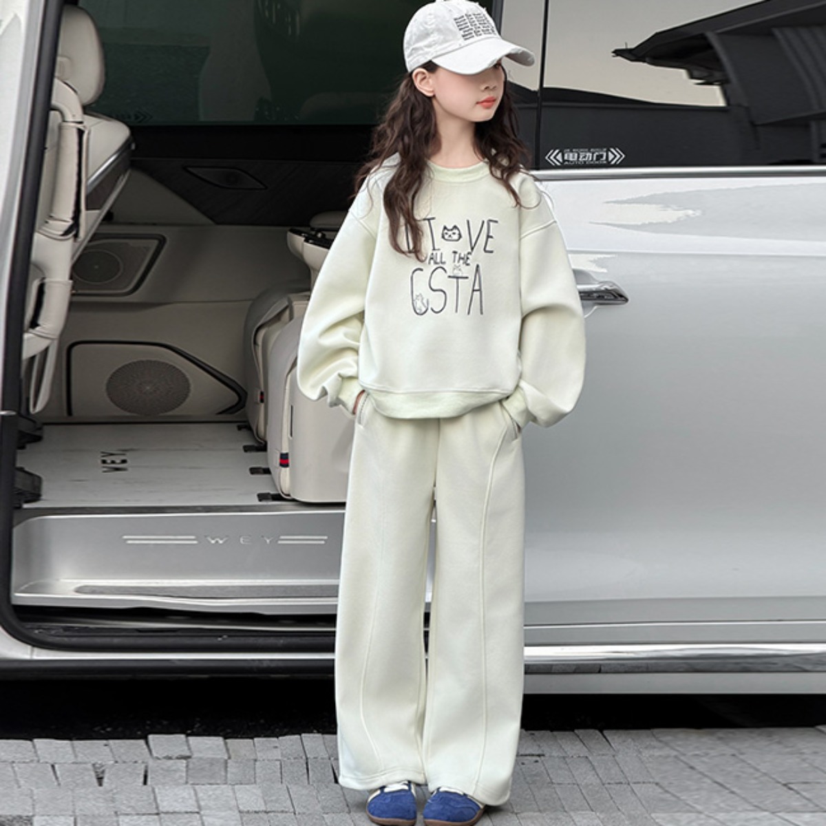 비비키드 여아 신상 고양이 영문 페인팅 맨투맨 봄 가을 초중생 상하복 세트 주니어 긴팔 상의+하의 초등생 긴바지 (63A03) 41,800원