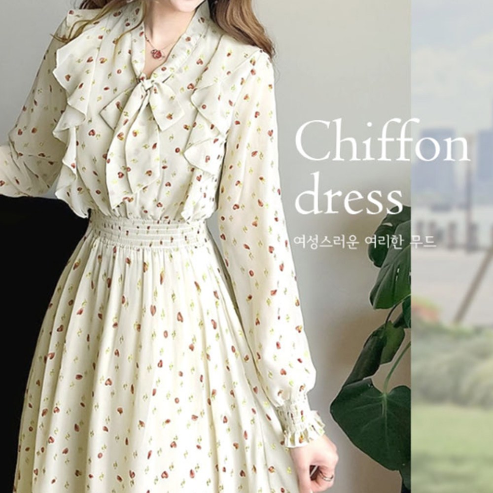 화인홈 원피스 부드러운 이너 조임 허리 롱스커트 플라워원피스 여성 봄가을 프렌치 로맨틱룩 셔링 긴팔 롱 드레스 쉬폰 리본 프릴 여성 꽃무늬 원피스 38,900원