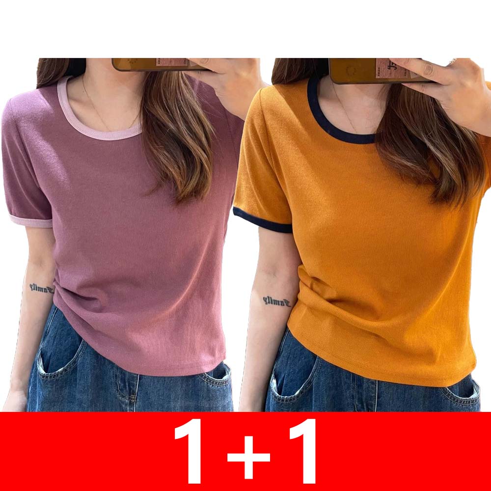 IWMAFT 2종 세트 여성 여름 배색 라운드넥 반팔 티셔츠 슬림핏 골지 원단 데일리 기본템 FC17 23,000원