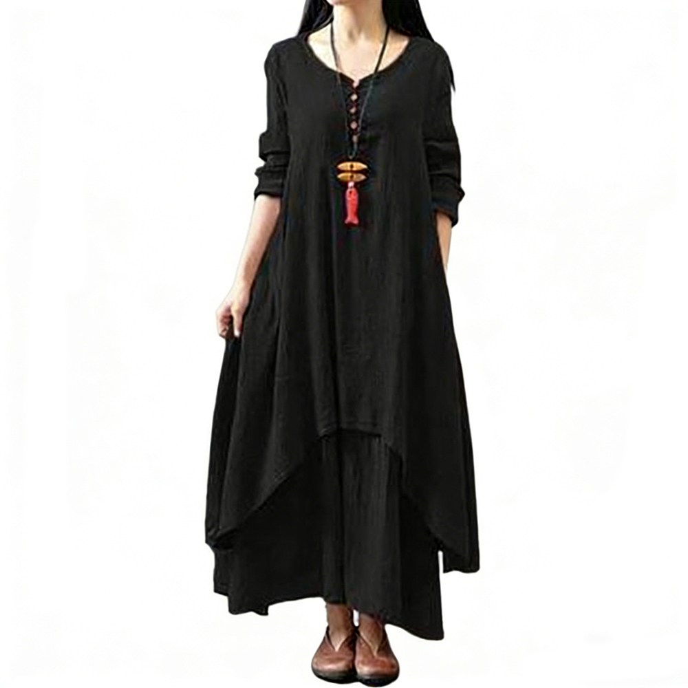 차쿠 여성 브이넥 린넨 롱 원피스 중년 린넨 우너피스 엄마 루즈 빅사이즈 원피스 25,800원