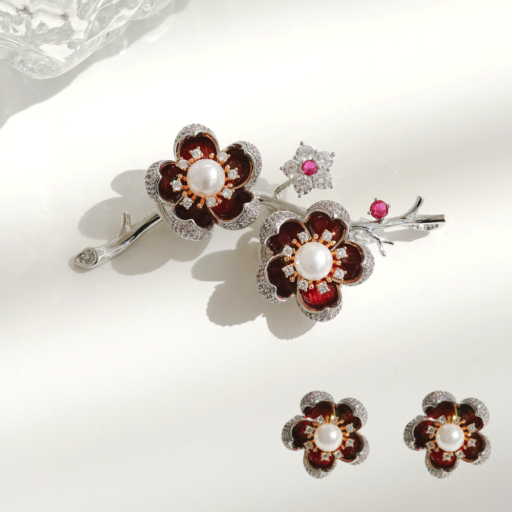 아즈블리 빈티지 진주 매화 브로치 귀찌 겸용 38,900원