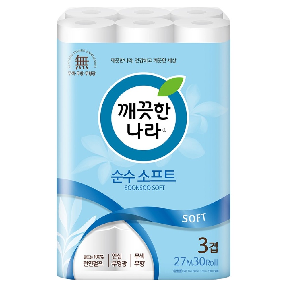 깨끗한나라 순수 소프트 3겹 화장지, 27m, 30롤, 1개 14,900원