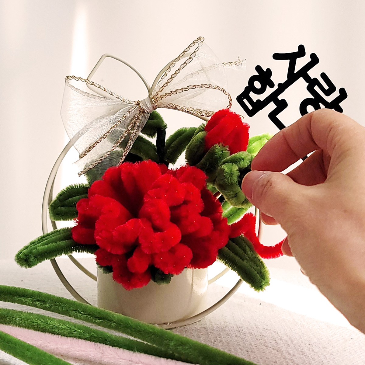 더라임코리아 DIY 키트 모루 카네이션 꽃바구니 만들기 어버이날 선물, 레드+감사합니다, 1개 14,900원