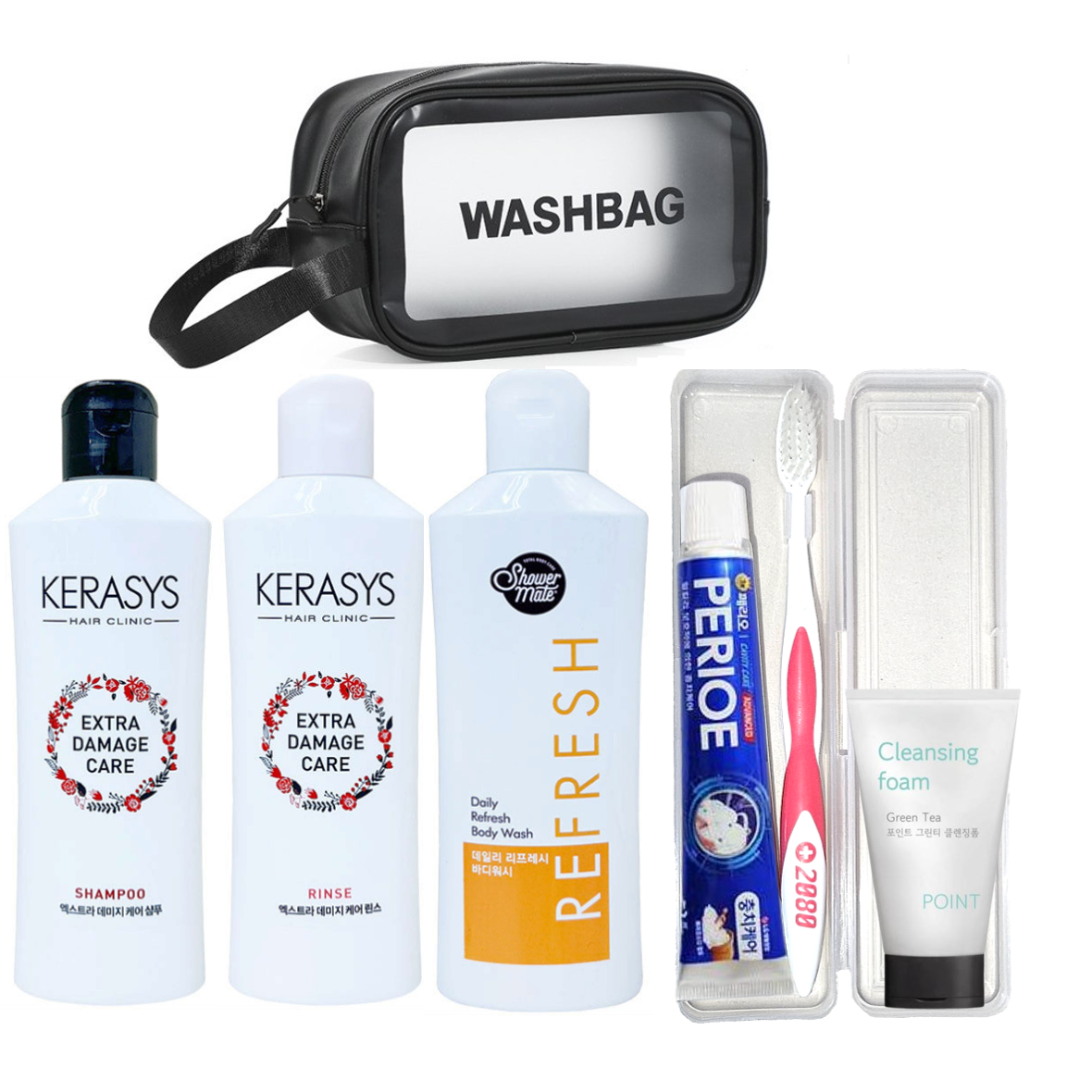 여행용 세면도구 세트 7종(샴푸+린스+바디워시+클렌징폼+칫솔+치약+파우치), 1세트 12,900원
