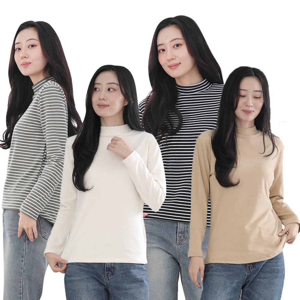 여성 드라론 양면기모 티셔츠 무지 반목티 목티 부드러운 겨울 패션 상의 스트라이프 줄무늬 따뜻한 겨울 내복 기본 이너 목폴라 긴팔티 기본템 데일리룩, 현재가 6,400원
