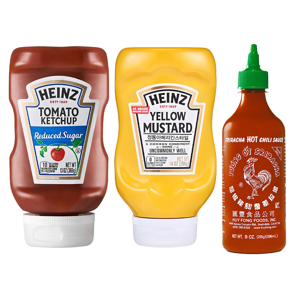 허이펑 스리라차 핫 칠리 시즈닝 255g + 하인즈 옐로우 머스타드 396g + 리듀스드 슈가 토마토 케첩 369g 13,530원