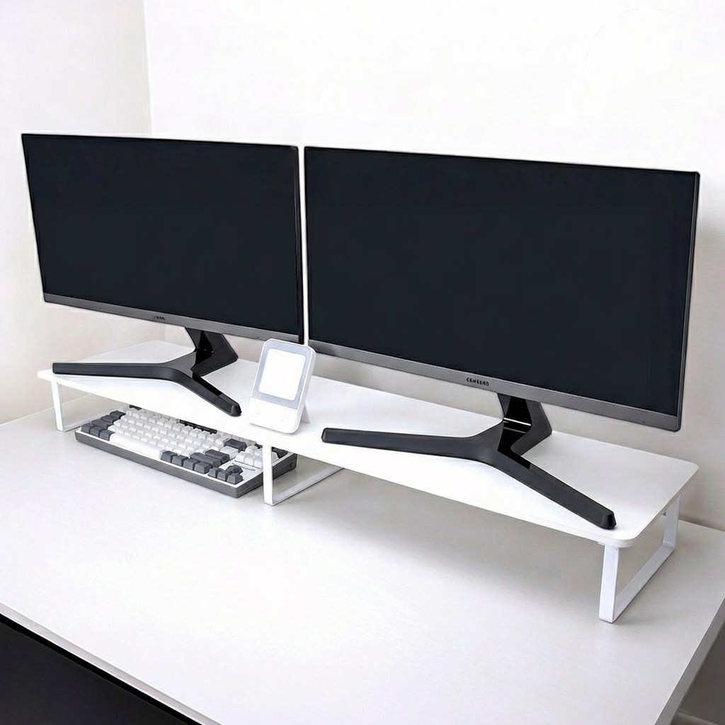 7NC 모니터받침대 듀얼 높은 와이드 모니터선반 서랍 원목 2단 컴퓨터 대형 높이조절, 1개, 화이트 26,800원