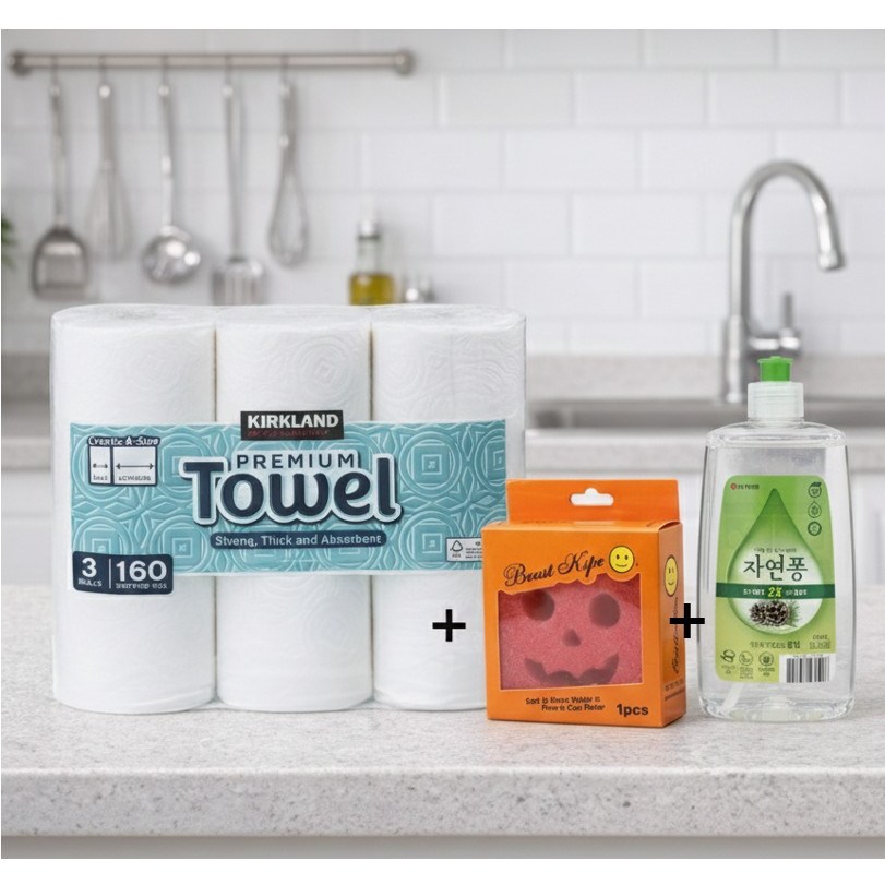 코스트코 커클랜드 2겹 도톰한 종이타월 160매 x3 + 스마일수세미 + 자연퐁 주방세제(490mL), 현재가 18,500원