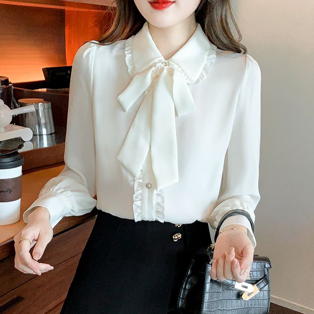 besteffie 셔츠블라우스 여성용 봄가을 우아한 스타일 쉬폰 블라우스 리본 장식 긴팔 셔츠 E28 18,670원