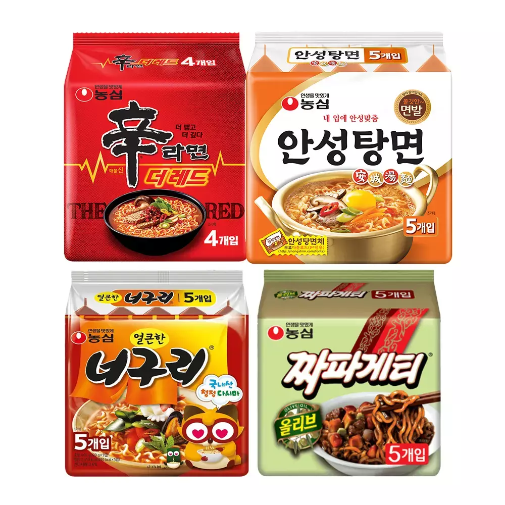 농심 신라면더레드125g, 4개 + 안성탕면125g, 5개 + 너구리120g, 5개 + 짜파게티140g, 5개 29,100원