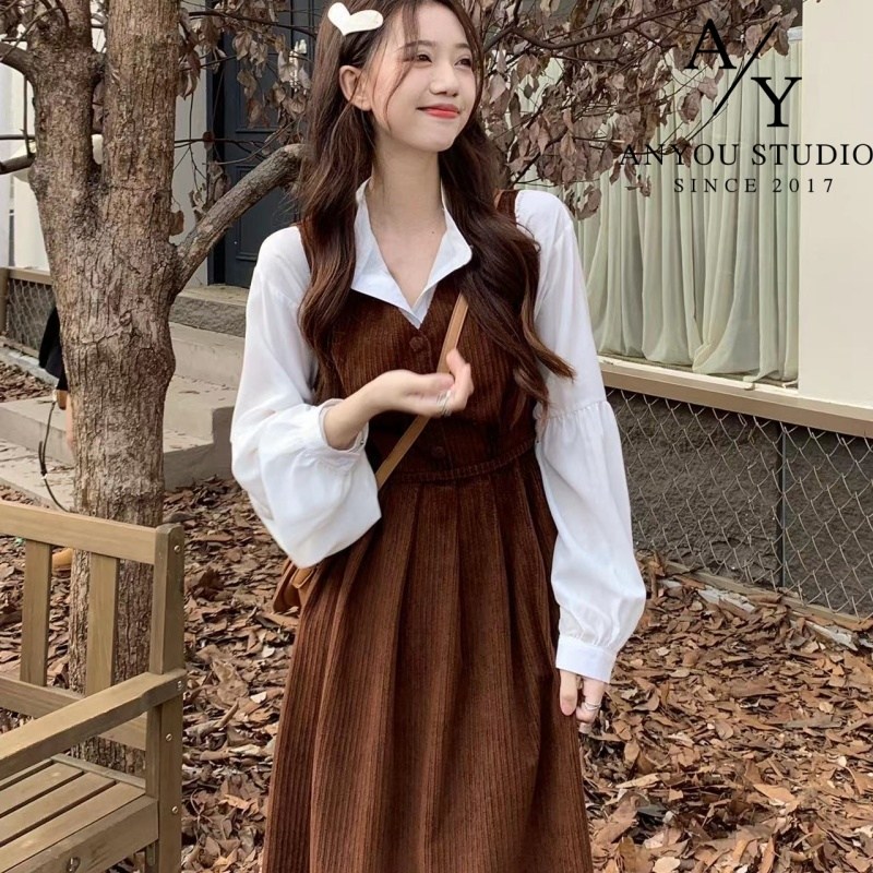ANYOU 패션 롱 여성원피스 코듀로이 슬림핏  학원풍 데일리룩 셔츠원피스 여성용 휴양지원피스 브이넥 브라운컬러 롱원피스 23,220원