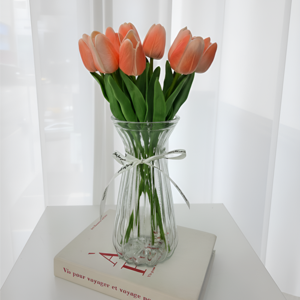 라라마을 생화같은 튤립 조화 10P+리본 유리 화병 세트, 1개, 라이트 핑크 17,800원