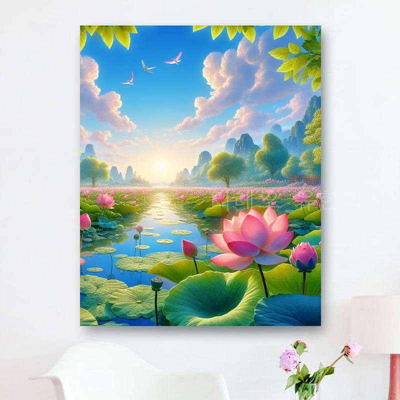연꽃 보석십자수 캔버스형 세트 여름 연못 풍경화 원형비즈십자수 DIY키트 40x50cm 3D 대형 재물 선물용 풍수 인테리어 취미생활추천 23,800원