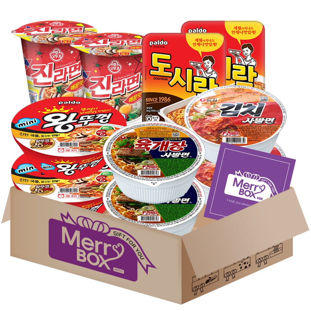 소컵라면 10개 2호(육개장사발면2+김치사발면2+미니왕뚜껑2+팔도도시락2+김치도시락2)+메세지카드, 1박스 13,990원