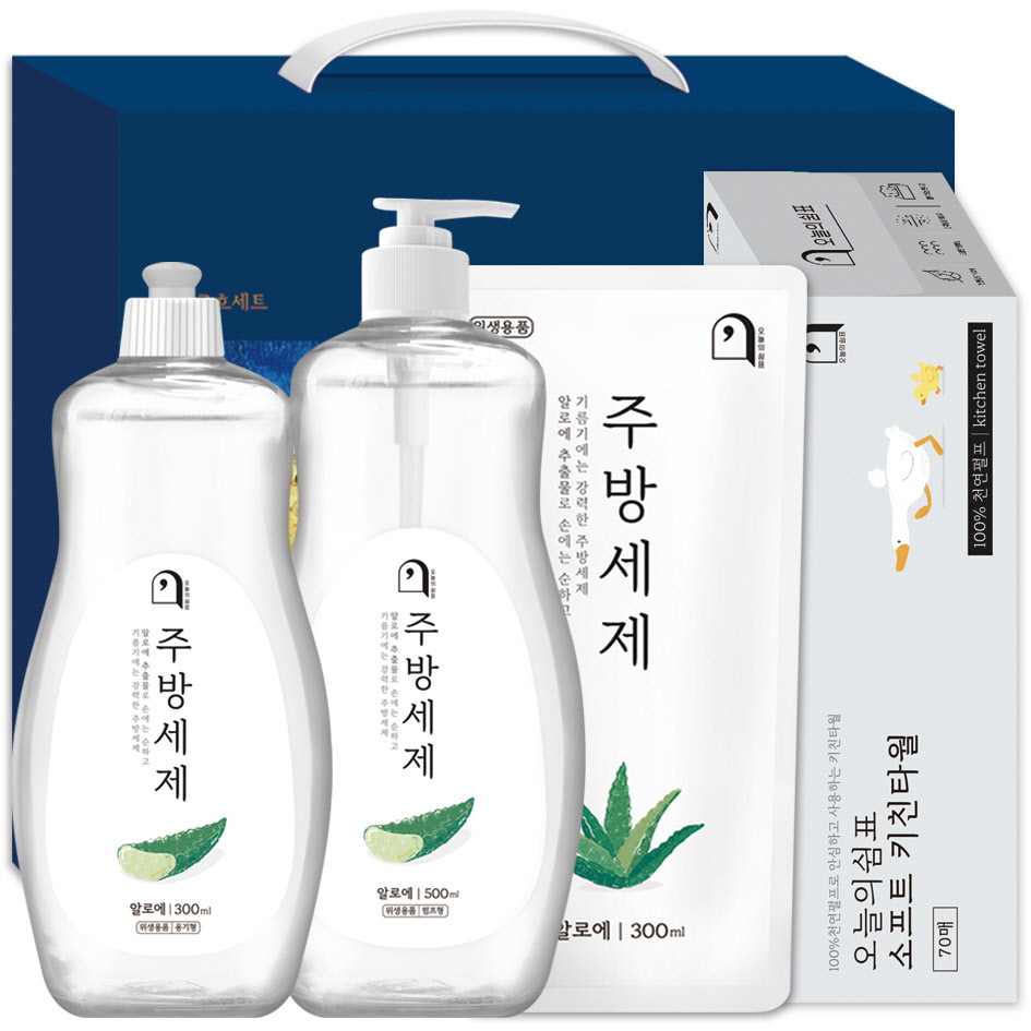 오늘의쉼표 세제 선물세트 답례품 알로에 57호 (주방세제 용기 300ml + 펌프 + 리필 + 각키친타월) 8,230원