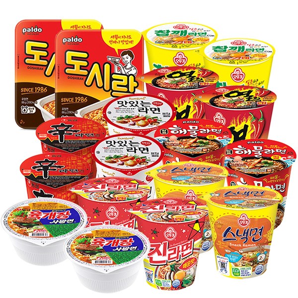 컵라면 9종 세트 (맛있는 라면 2p + 도시락 2p + 육개장 사발면 2p + 일품 해물 2p + 신라면 2p + 진라면 매운맛 2p + 열라면 2p + 참깨라면 2p + 스낵면2p) 23,900원