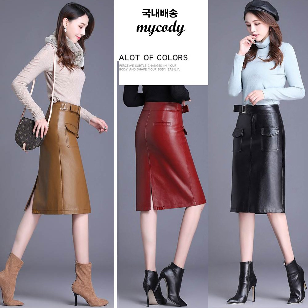 [국내배송] STY1(스타1) 슬림핏 포켓 스판 가죽 스커트 여성 여자 5부 치마 빅사이즈 정품 49,800원