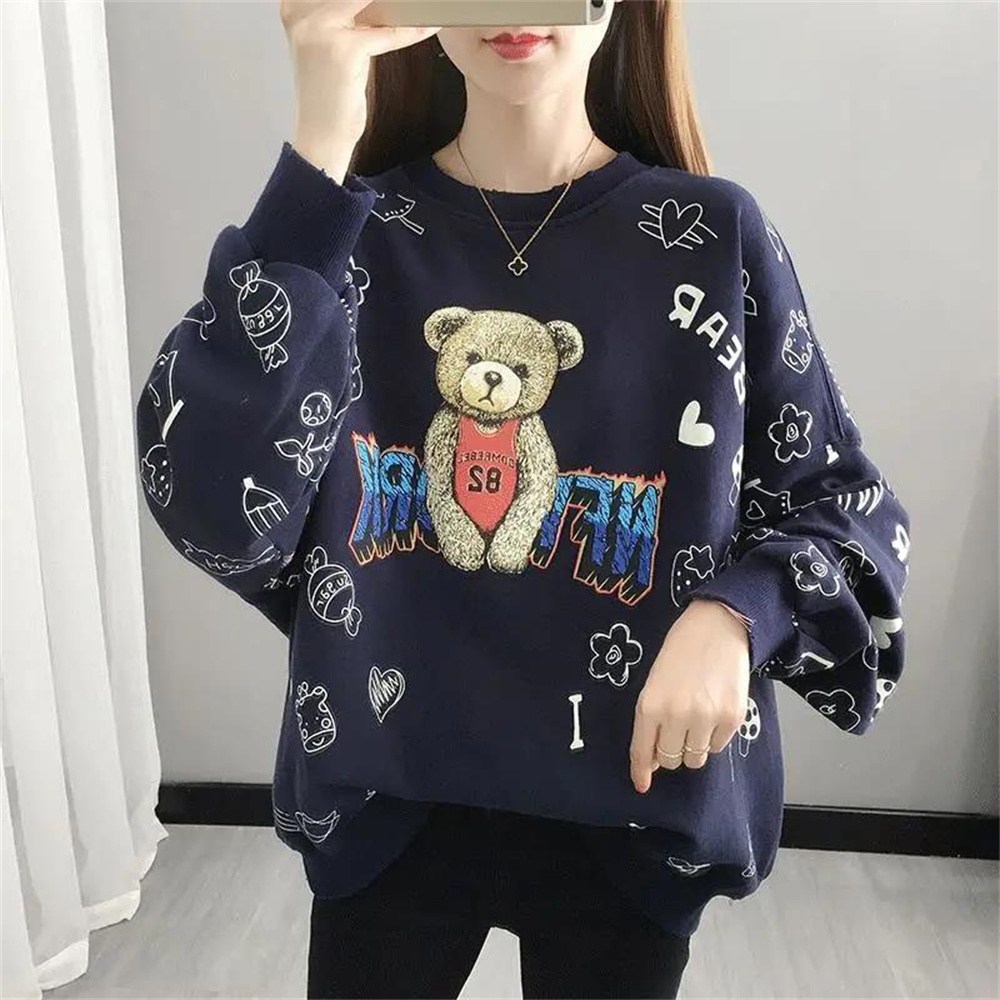TKX 맨투맨 여성 캐주얼 귀여운 곰돌이 캐릭터 프린트 면 소재 루즈핏 긴팔 스웨트셔츠 KN89 20,060원
