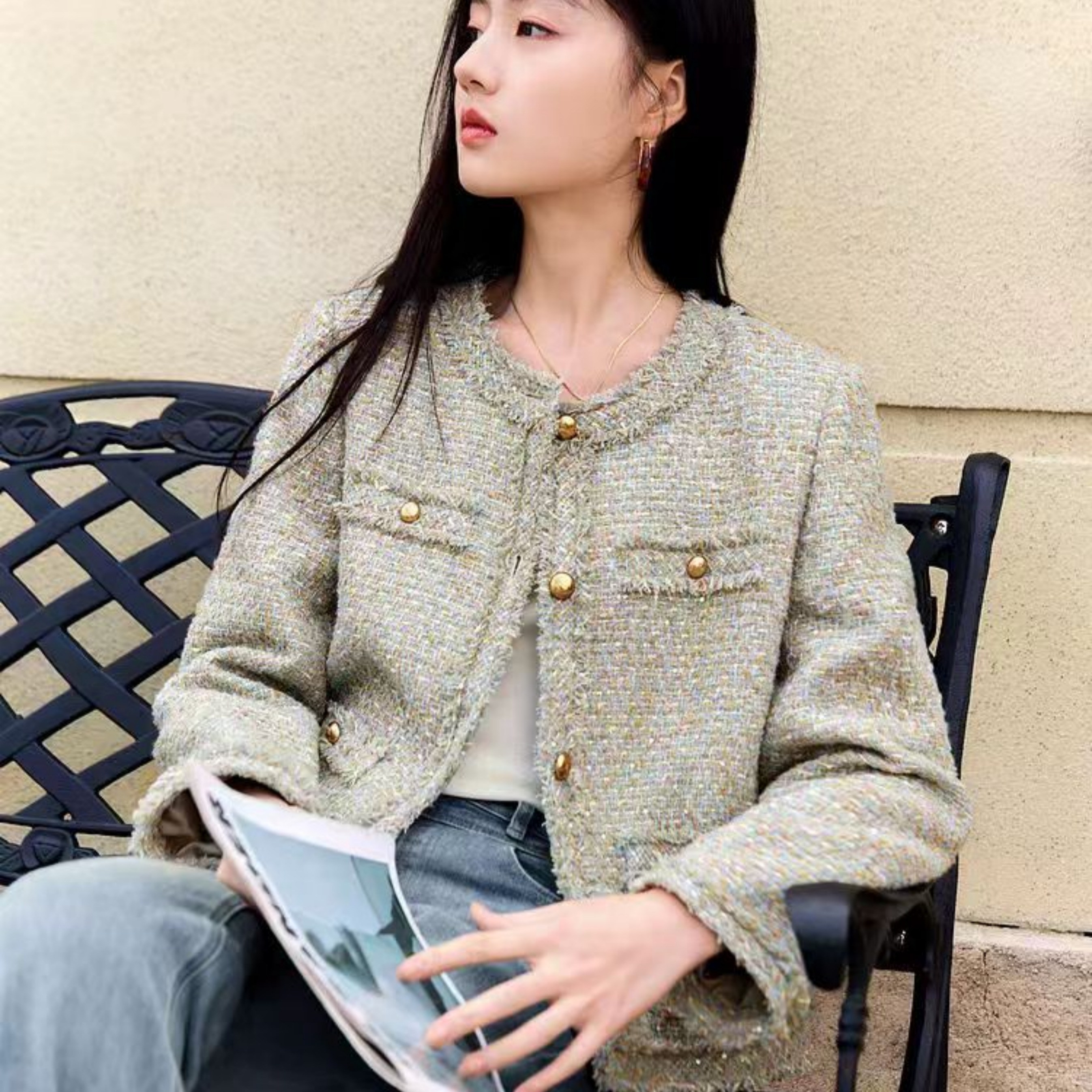 여성 노카라 골드버튼 트위드 자켓 크롭 숏자켓 봄 하객룩 데일리 38,900원