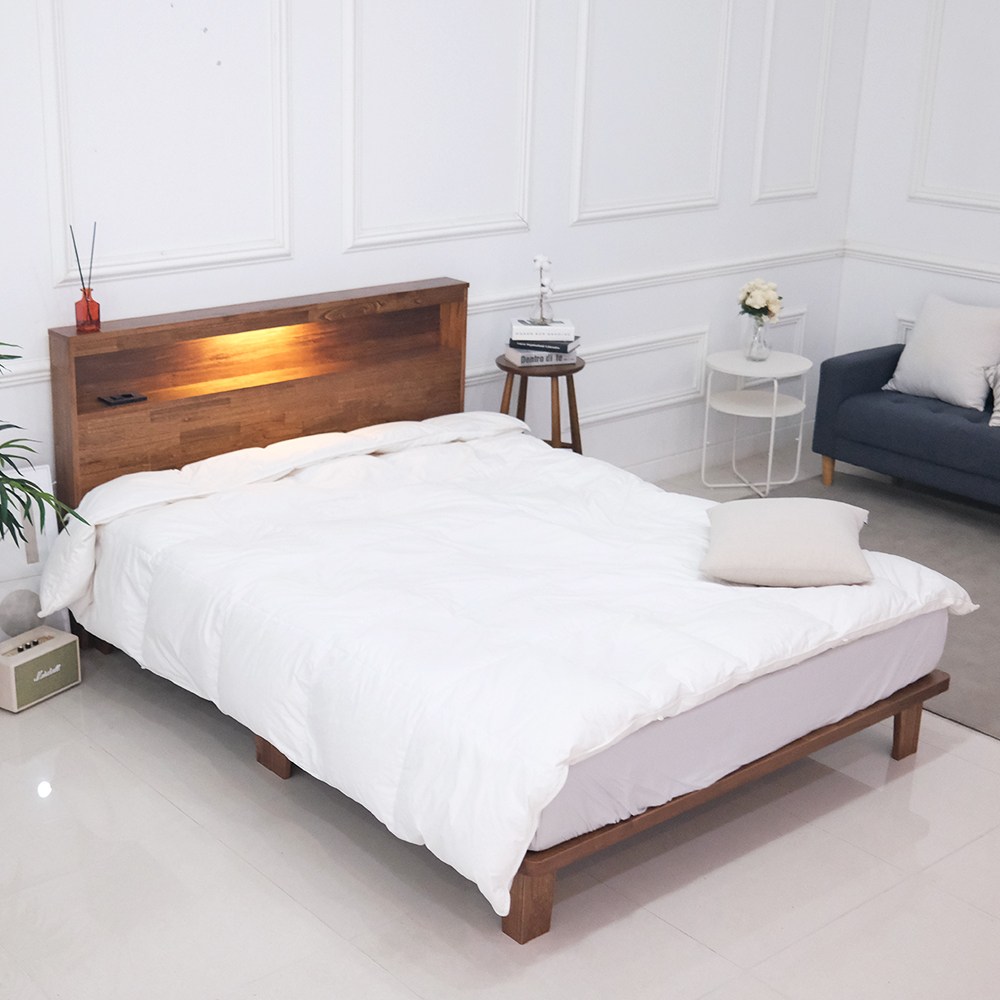 아르볼가구 엘렌 참죽원목 LED조명 평상형 침대프레임, 침대프레임_독립매트포함 468,000원