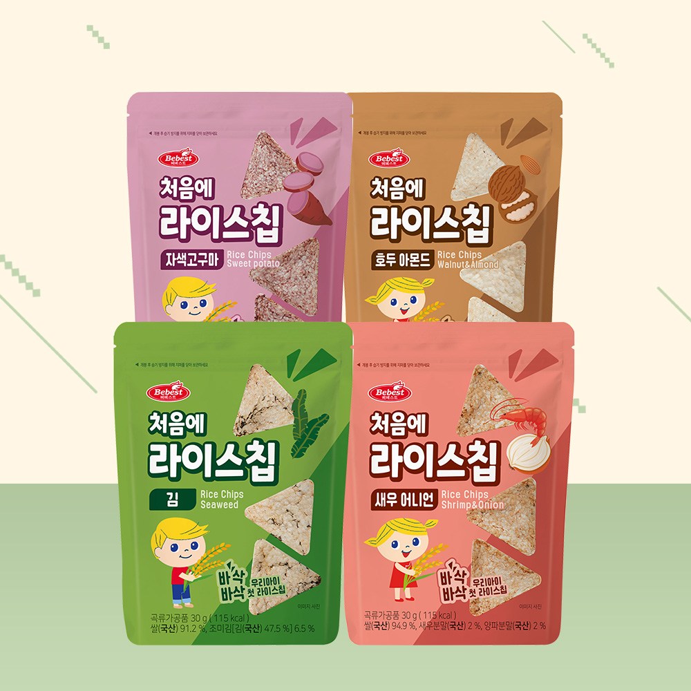 [NEW] 베베스트 처음에 라이스칩 4종 혼합 세트 아기과자 아기간식 떡뻥, 30g, 8세트, [혼합] 김 + 새우어니언 + 자색고구마 + 호두아몬드 74,600원
