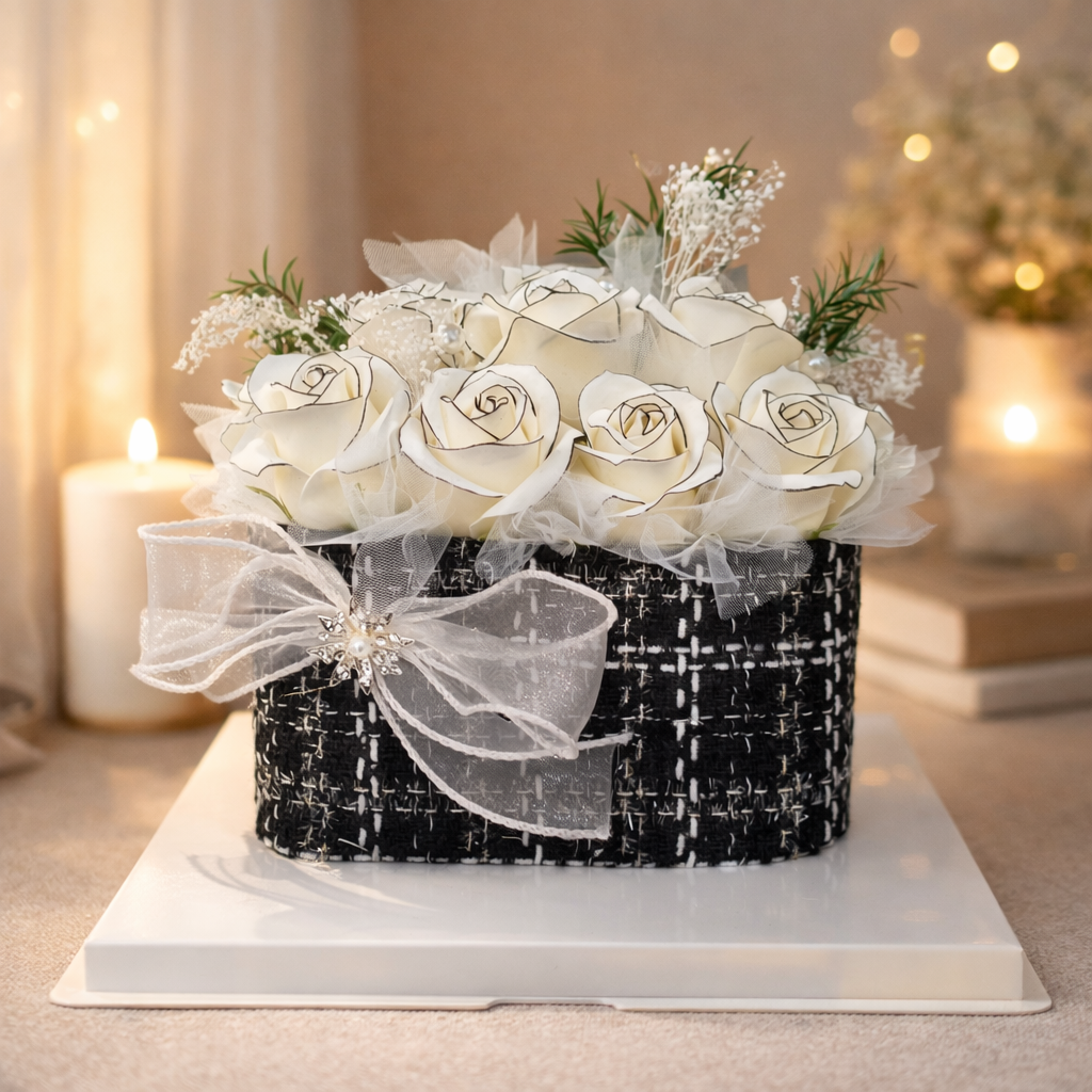 클래식 라인장미 트위드 에디션 비누 꽃다발 꽃상자 케이스 꽃바구니 핸드메이드 플라워 핸드백, 화이트, 1개 39,800원