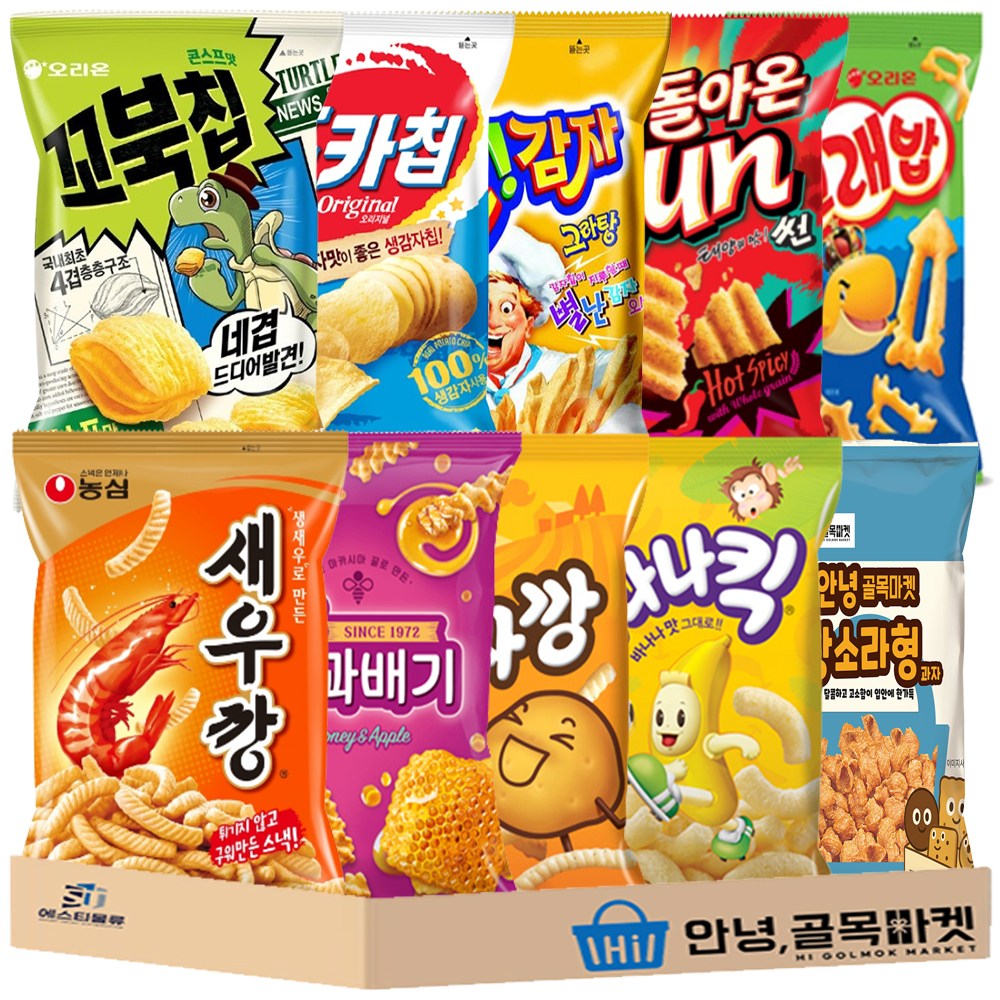 인기 과자 혼합 소형 10종 세트 ( 농심 새우깡 + 꿀꽈배기 + 바나나킥 + 감자깡 +  오리온 왕고래밥 + 포카칩 + 썬칩 + 꼬북칩 + 오감자 + 안녕 소라과자 ) 미니 스낵 14,980원
