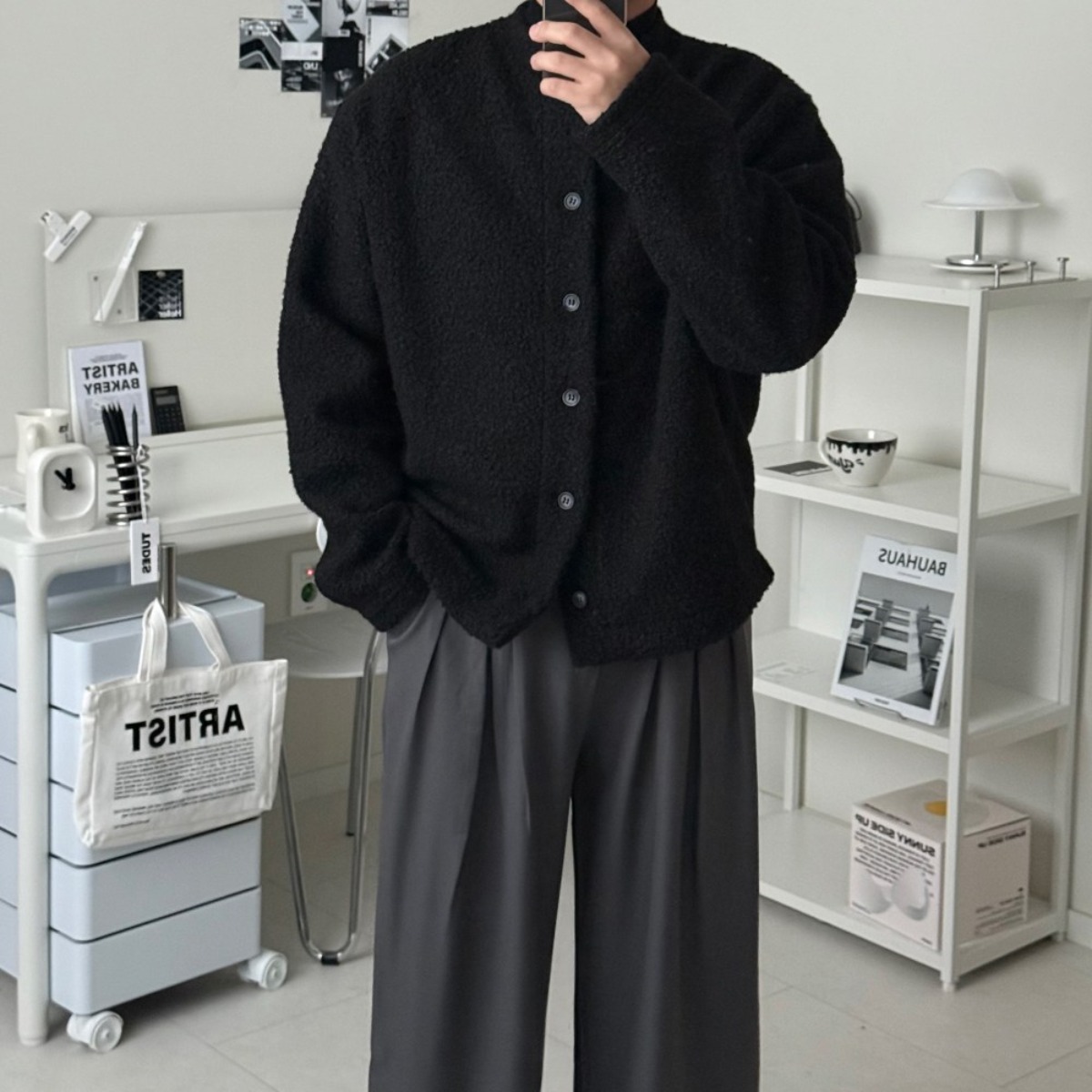 르위 오버핏 울 기모 양털 헨리넥 가디건 42,000원