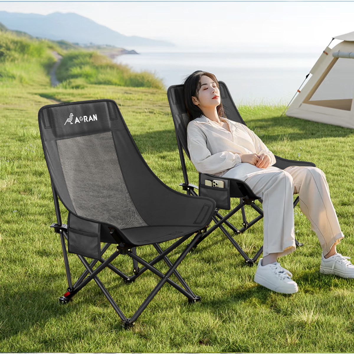 AORAN 각도조절 경량 접이식 캠핑 의자 세트, 2개, 블랙 두 배의 통기, 현재가 47,800원
