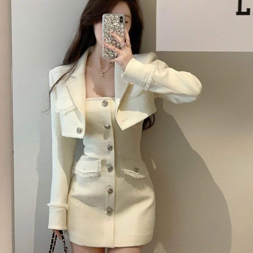 반하나봄 프리미엄 아이보리 트위드 크롭자켓 원피스 세트 슬림 미니 셋업 하객룩 데이트룩 오피스룩, 현재가 59,800원