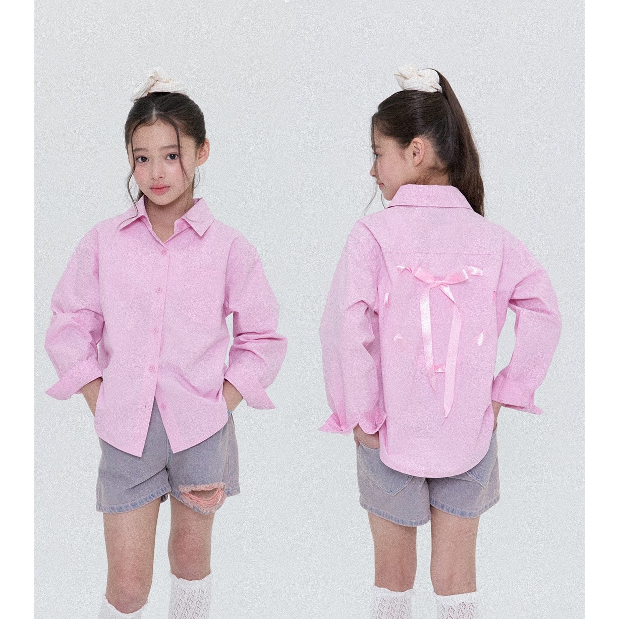 포크칩스 리본펀칭셔츠 26봄 아이보리,핑크 38,400원