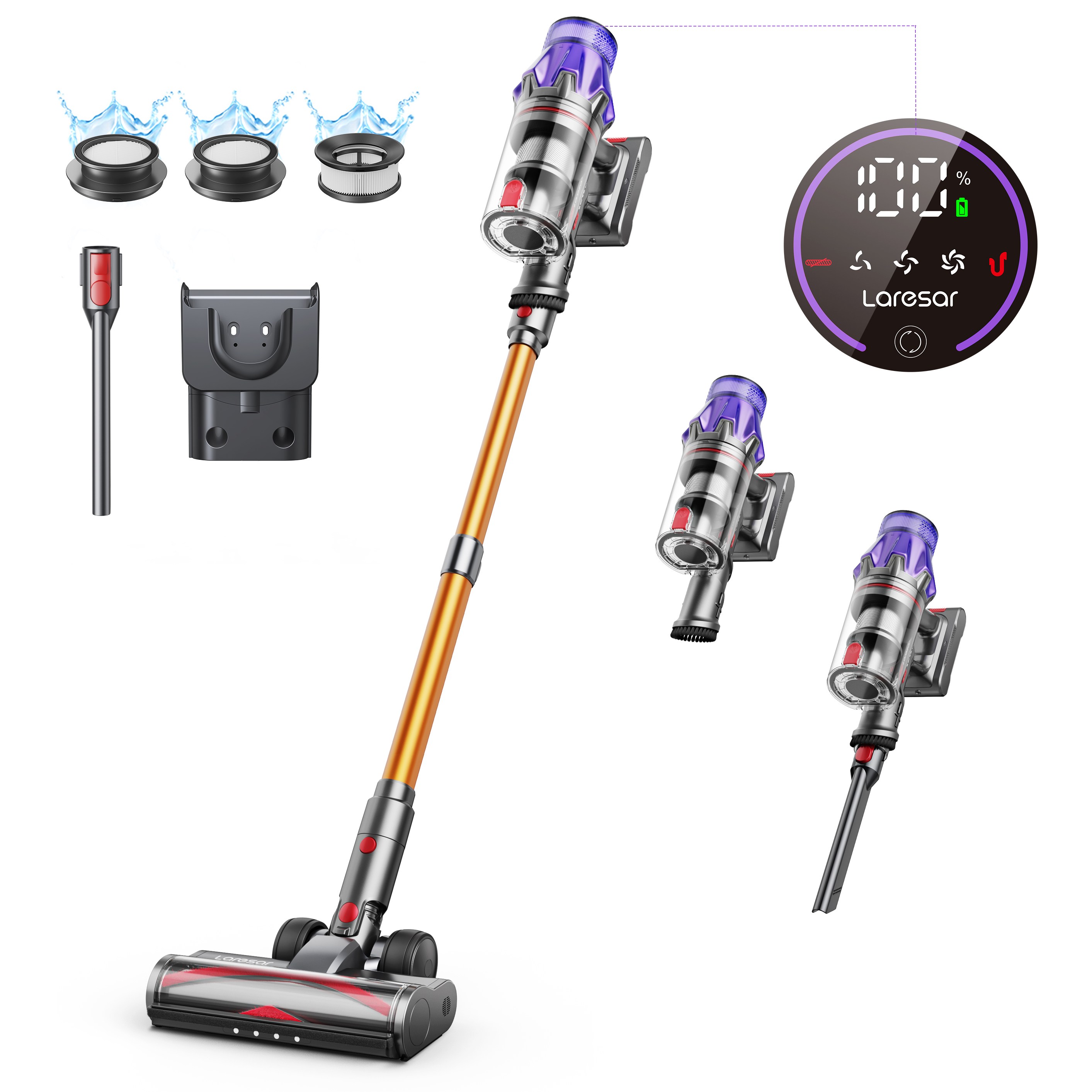 Laresar 무선 진공 청소기 500W 50KPA 흡입력 휴대용 스마트 가전 먼지 컵 탈착식 배터리 스마트 터치 스크린, 자색+노란색 177,450원