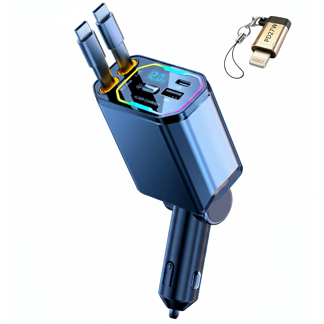 SUNRIVER 차량용 초고속 듀얼 C타입 릴타입 멀티 휴대폰 충전기 +무드등 +PD27W애플 젠더,+PD60W데이터/충전케이블 4포트 동시 충전 가능, +PD27W 애플 젠더, CC타입 29,800원