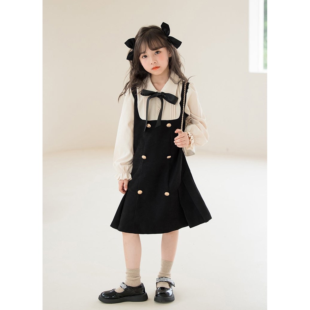 해피델리 주니어 키치 링클 골드버튼 원피스  뷔스티에원피스 정장룩  초등학생 블라우스 원피스 주니어 하객룩, 현재가 30,210원