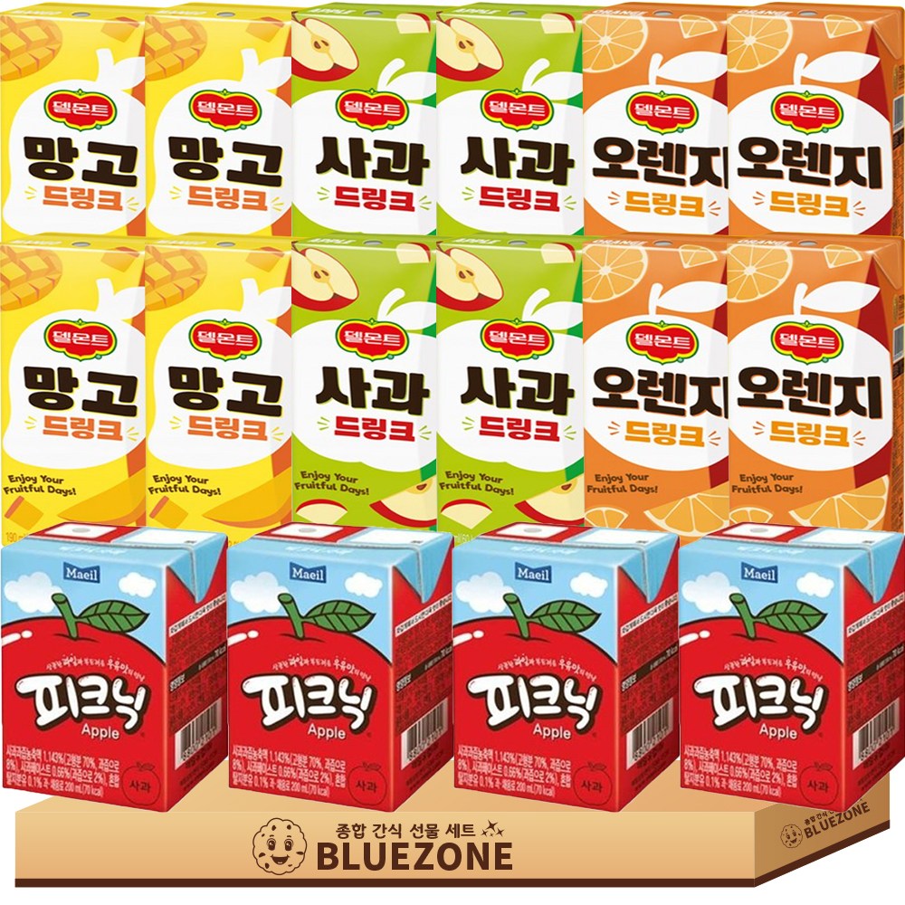 [블루존] 과일주스 음료 세트 델몬트 드링크 오렌지4 망고4 사과4 매일유업 피크닉 사과4, 16개, 190ml 50,000원