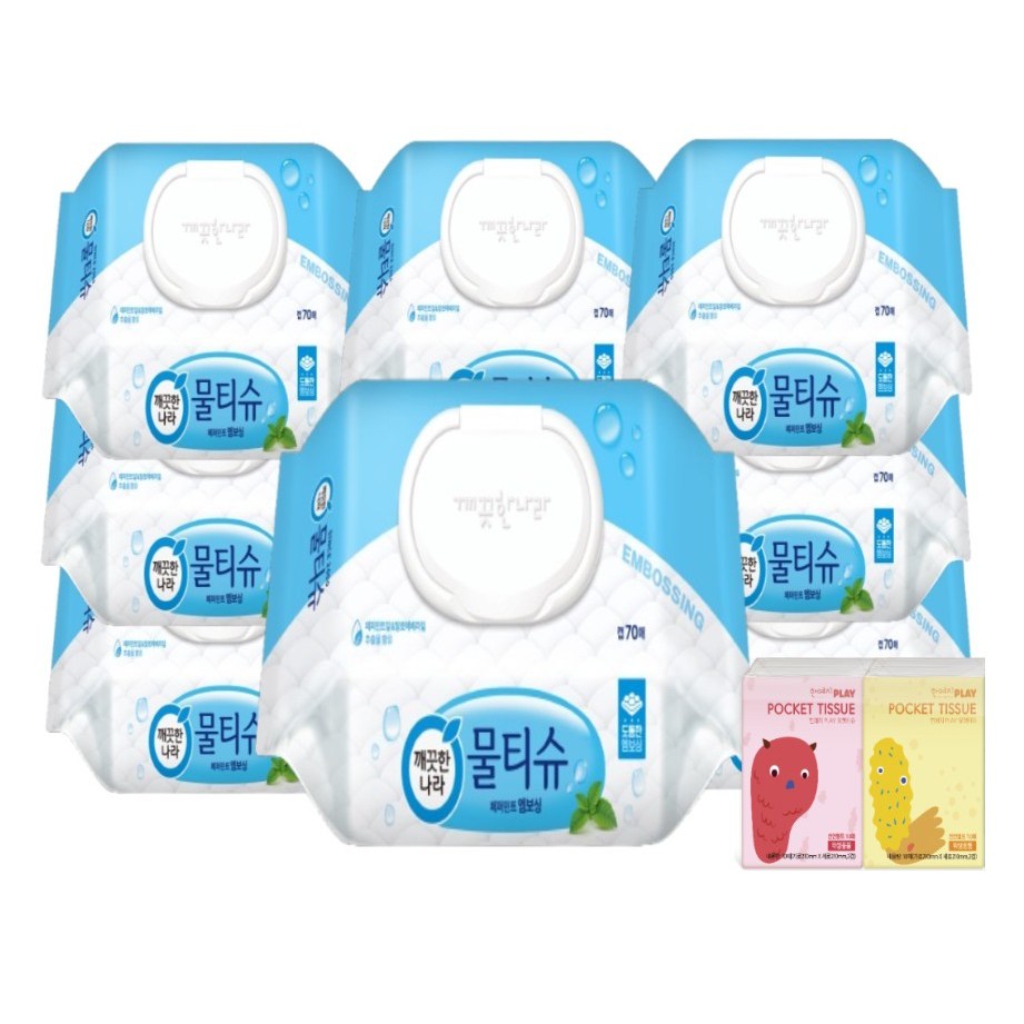 깨끗한나라 페퍼민트 엠보싱물티슈 캡 70매 10개+포켓티슈 10매 2개 13,980원