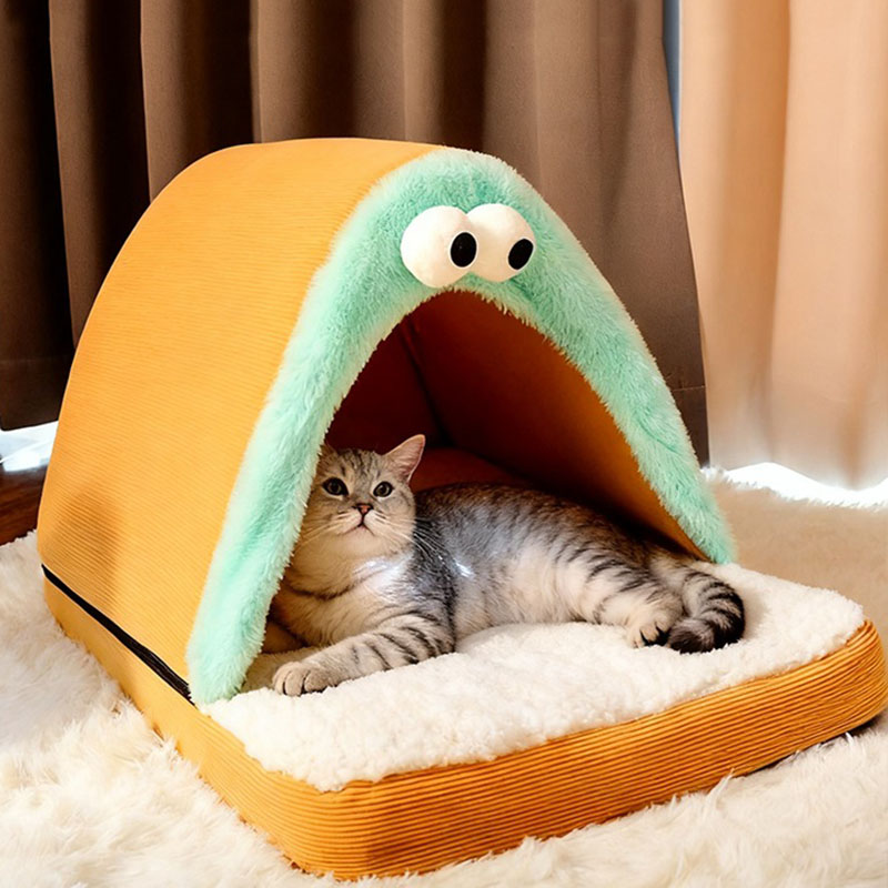 Tinduo 겨울 보온 극세사 반려동물 하우스 아치형 텐트 침대 스펀지매트 포함 강아지 고양이 숨숨집, 1개, 등황색 39,860원