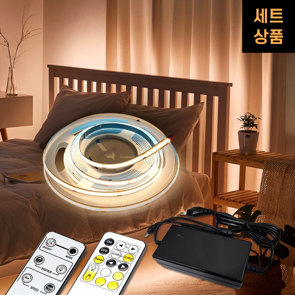 (세트상품) 파인라이트 플렉시블 COB LED 리모컨, 어댑터 포함 12V 24V 5M 줄조명 생활방수 47,000원